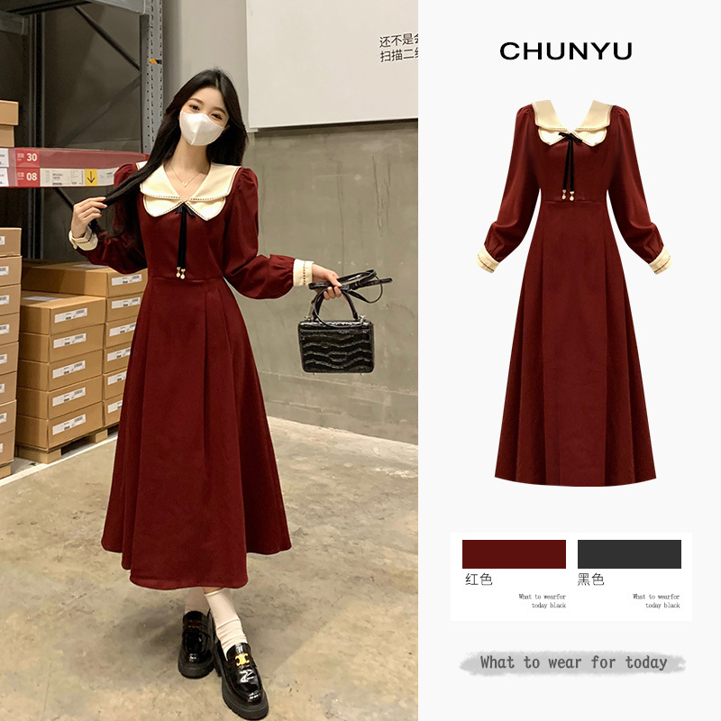 Plus Size Autumn and Winter 2026 New Women's Dress French Retro Bow Navy Collar Red Waist-Cinching Dress