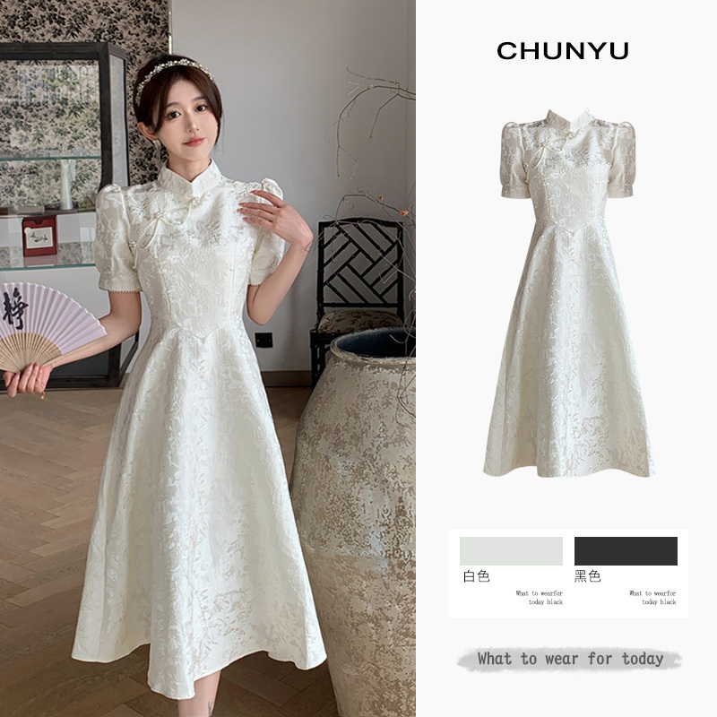 Summer Plus-Size New Chinese-Style Women's Clothing White Stand-Up Collar Waist-Cinching Dress High-End Retro National Style Improved Cheongsam Dress