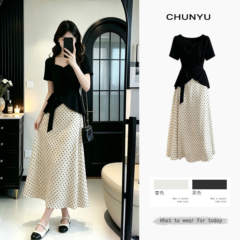 Plus-Size Elegant French-Style Patchwork Faux Two-Piece Polka Dot Dress for Women, Summer Exquisite and Sophisticated, Slimming Dress