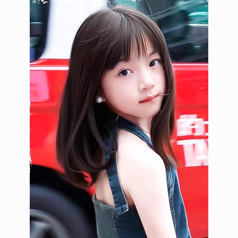 Student Wig, Cute Internet Celebrity Style, Medium-Length, Collarbone-Length, Girls' Hairpiece, Children's Age-Reducing, Realistic Human Hair Full Wig