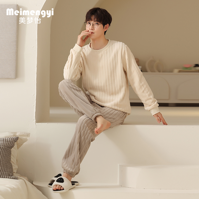 Coral suede pyjamas for men winter thickened with suede warm pure color round collar winter style 2023 new home suits suit-Taobao
