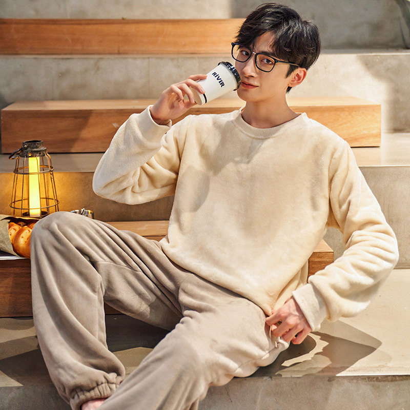 Coral Suede Pajamas Men's Autumn Winter Thicken Plus Suede Teenagers 2021 New Net Red Large Size Flannel Suede Suit