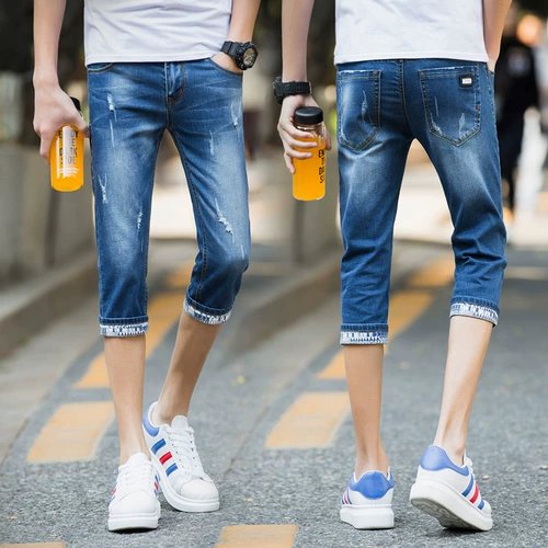 Летние тонкие приталенные трендовые джинсы, светлые шорты, мужские штаны