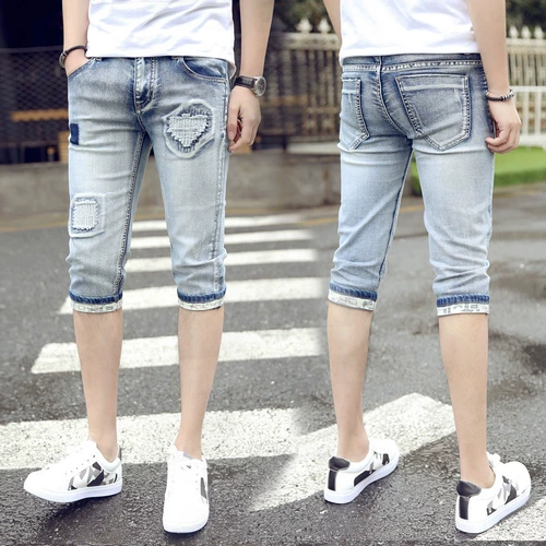 Летние тонкие приталенные трендовые джинсы, светлые шорты, мужские штаны