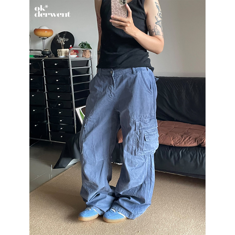 Ok Derwent Vintage Washed Distressed Work Pants for Men and Women, American Style Loose Straight Wide-Leg Casual Cargo Pants