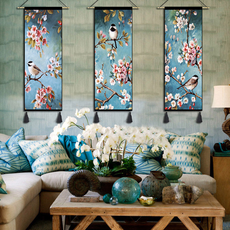 New Chinese oil painting flower and bird hanging painting fabric living room bedroom studio decorative painting bedside corridor triptych tapestry