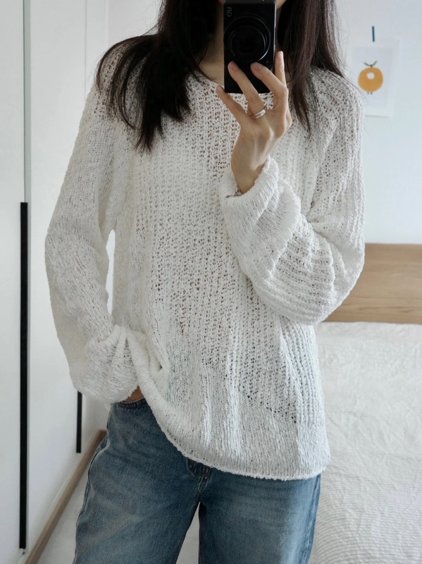 Low Classic Style Park Min-Young Same Style 26 Early Autumn Long-Sleeved Blouse Hollow-Out Simple Versatile Sweater Knitwear