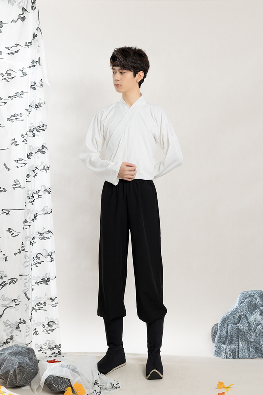 Han Dynasty Bottoming Cross Collar White Top + Elastic Black Pants Dance Clothes Practice Clothes Same Style for Men and Women