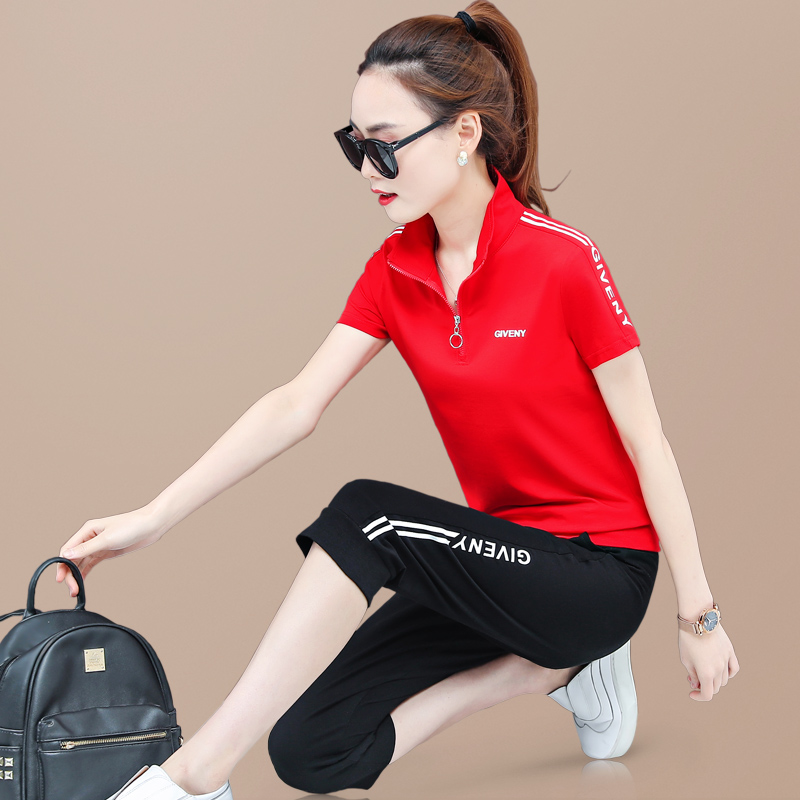Sports Suit Women Summer 2022 New Pure Cotton Sashimi Slim Loose short sleeves Seven Pants Casual Running two sets