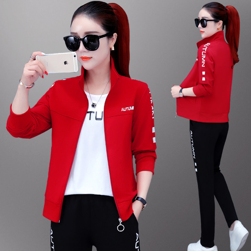 Sports suit women's spring and autumn 2022 new fashion Han version sashimi with slim size and large size relaxed and casual stand three sets