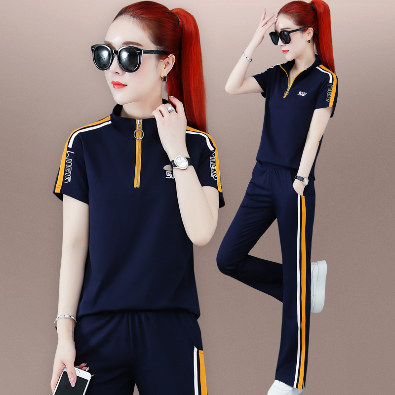 Summer sports suit women 2022 new fashion Korean version loose display slim turnover collar short sleeve long pants two sets cotton
