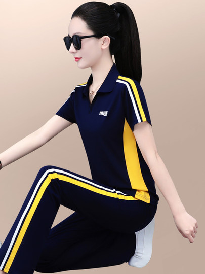 休闲运动服套装女夏季2025年新款洋气减龄显瘦冰丝短袖长裤两件套