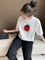 Strawberry velvet short sleeve t-shirt really want to take A bite ~ beautiful meal ~ simple A- shaped short cotton top