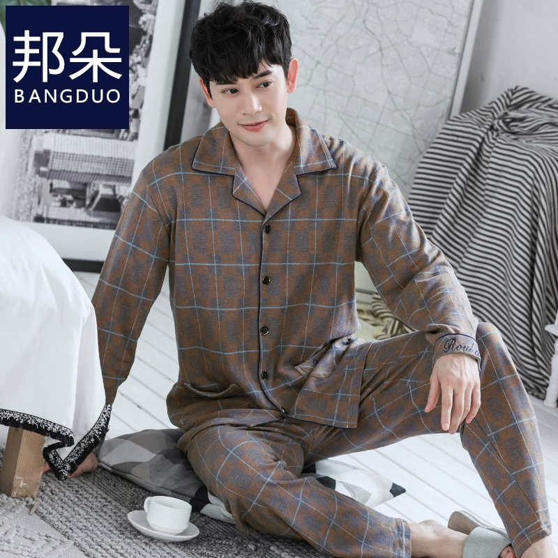 Đồ ngủ nam dài tay cotton tinh khiết mùa xuân và mùa thu cotton mỏng giản dị cộng với chất béo cộng với kích thước của người cha trung niên phục vụ tại nhà - Cặp đôi