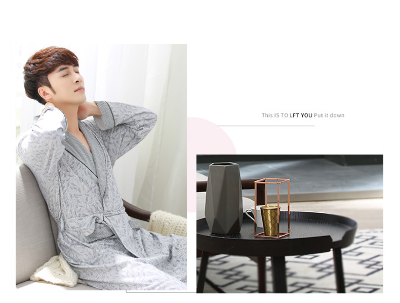 Áo ngủ nam dài tay mùa thu cotton phần dài cotton đồ ngủ mùa hè của nam giới áo choàng tắm cộng với phân bón để tăng nam mùa xuân và mùa thu đồ ngủ lụa