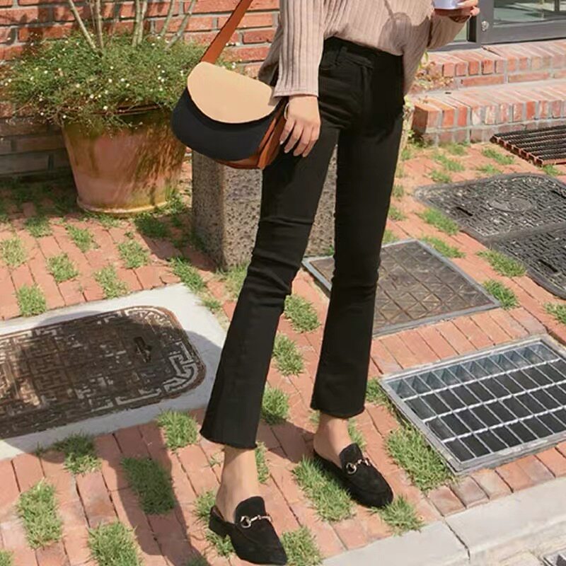 Korean Black Micro Horn Jeans Woman 90% 90% Pants 2021 Autumn Winter Plus Suede High Waist Elastic 80% Small Horn Pants