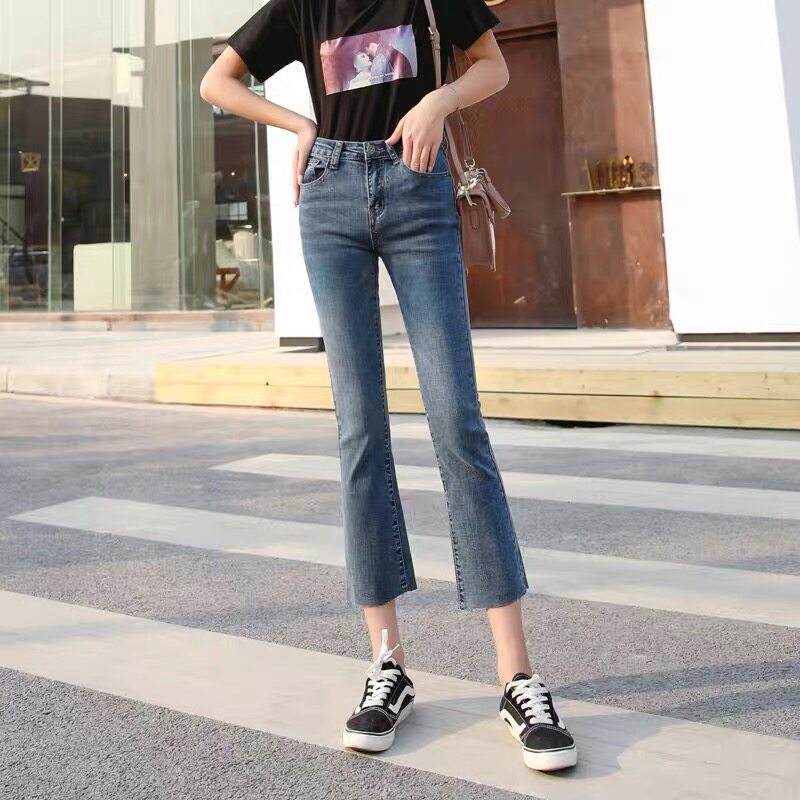 South Korea Microhorn Jeans Woman 90% 2022 Fall new high waist elastic retro blue 80% microhorn pants
