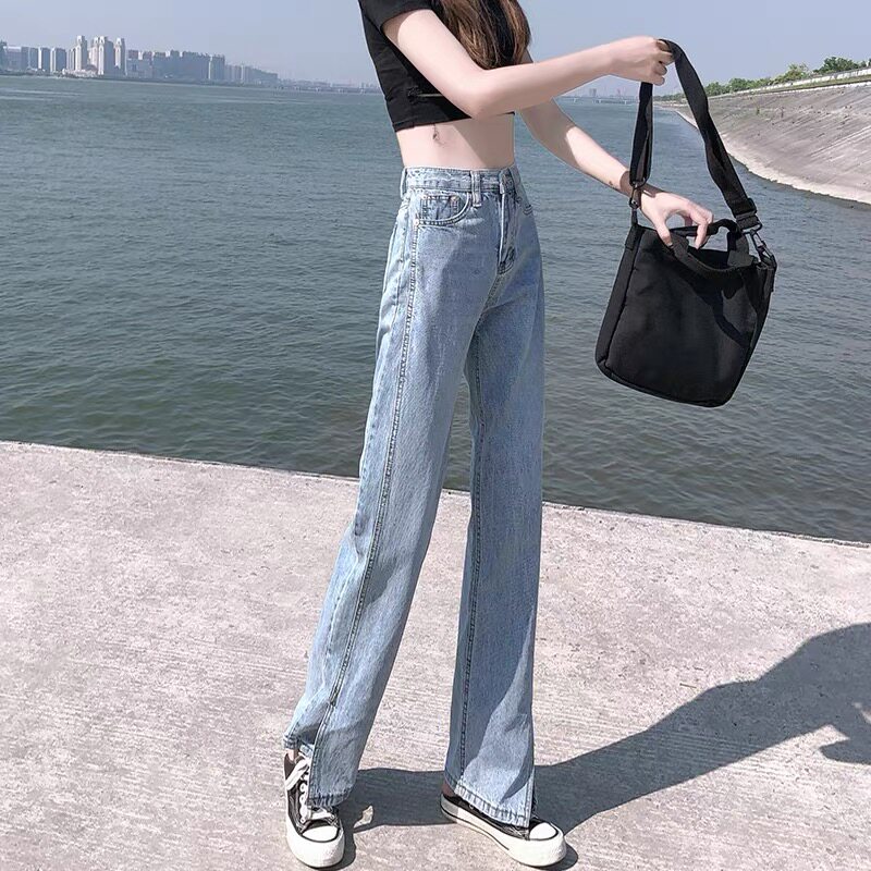 South Korea's open - legged jeans 2022 new high - waist straight tube loose drag - floor jeans