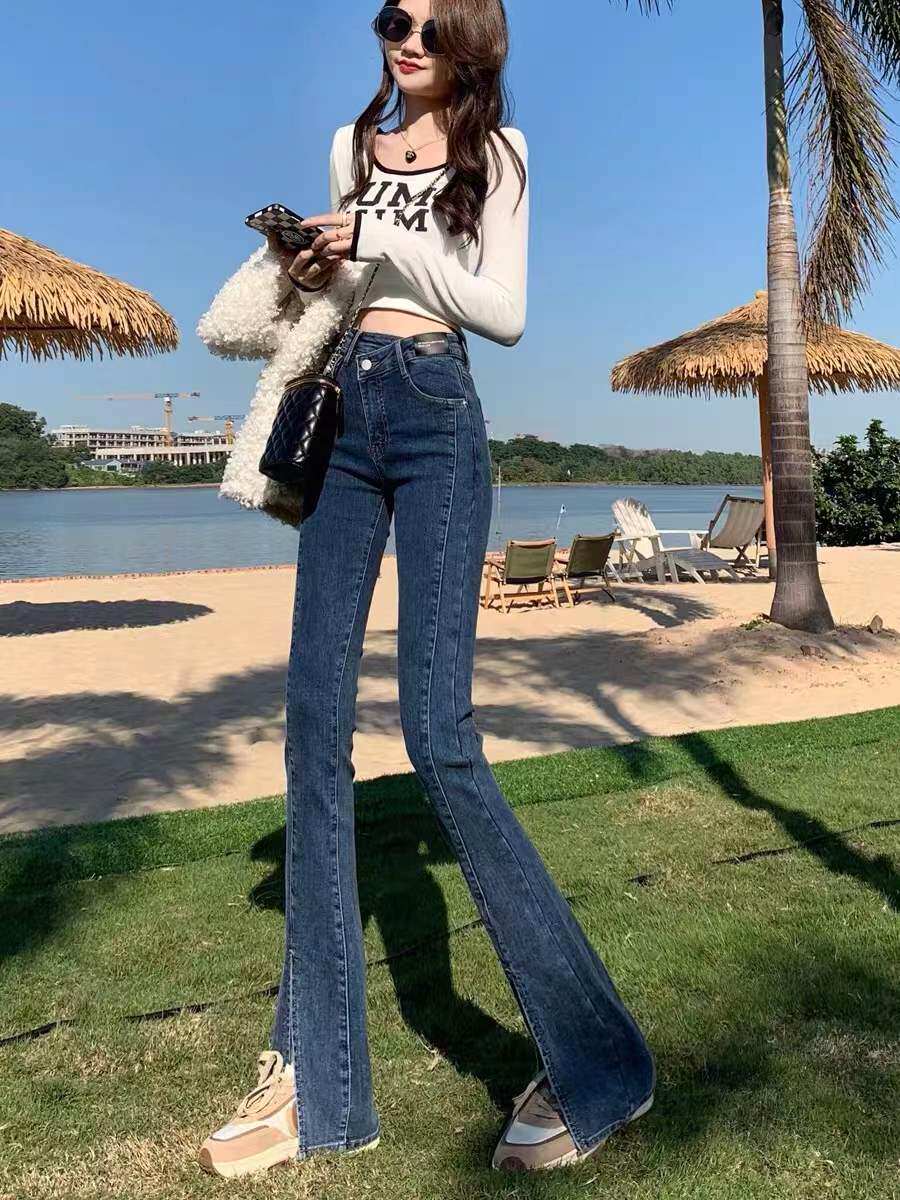 South Korea's High Waist Open Fork Microlao Jeans Woman 2022 Spring Autumn New Elastic Body Slim Open Slit pants