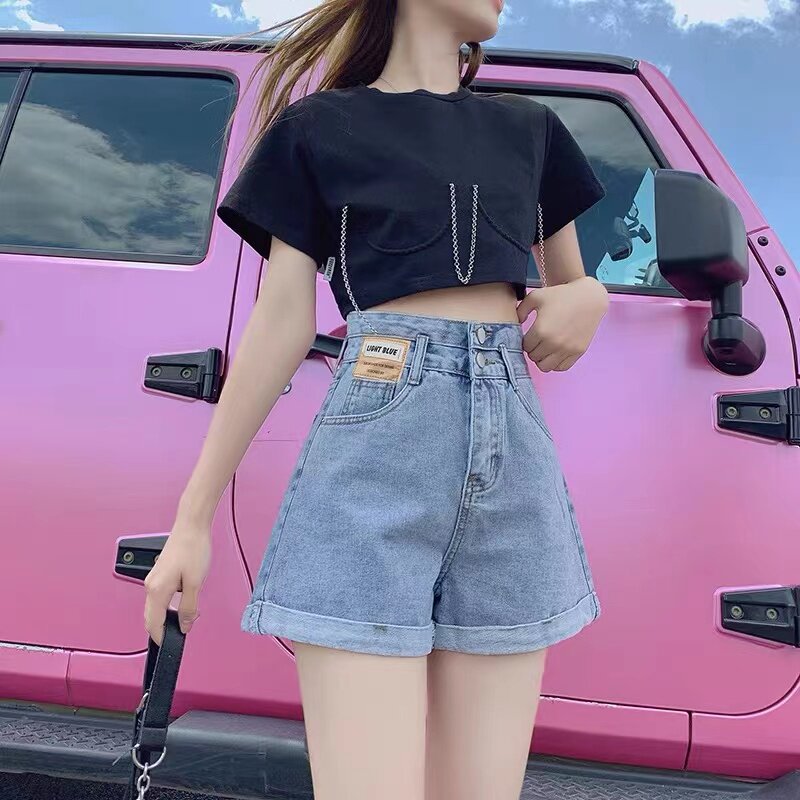 South Korea's high waist jeans shorts summer 2022 new tide in thin and loose design sense a word hot pants