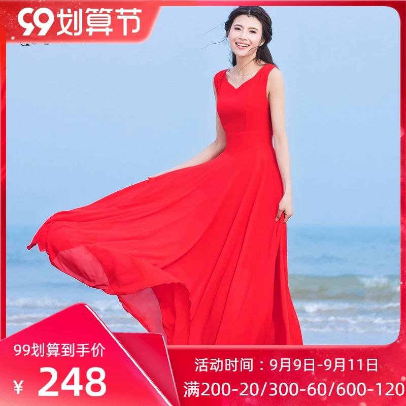 Mùa hè hàng mới đến của phụ nữ không tay giảm béo cộng với kích thước váy voan bohemian váy dài bên bờ biển kỳ nghỉ bãi biển váy - Sản phẩm HOT