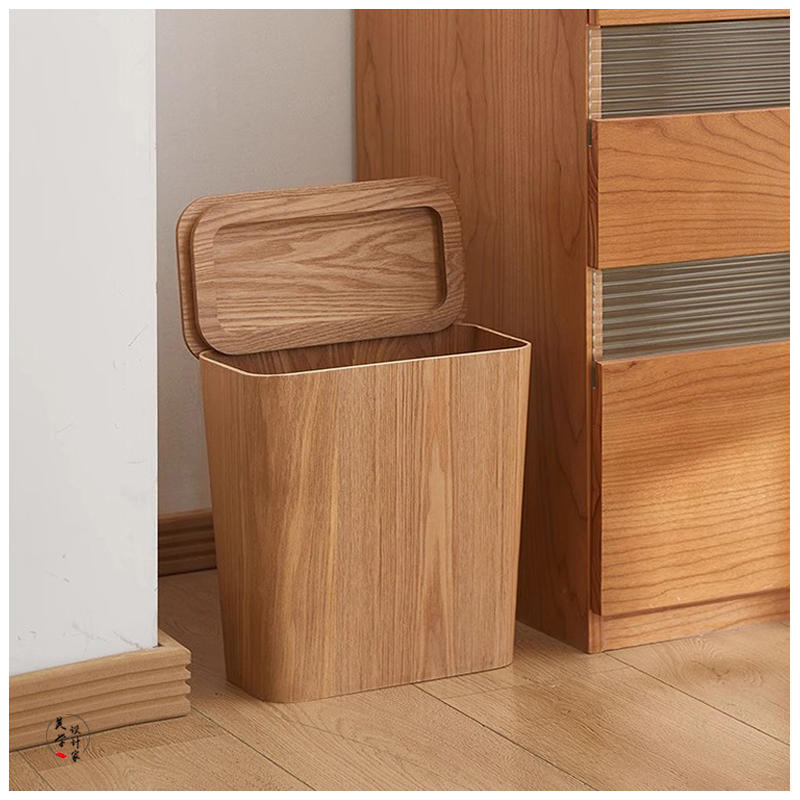 Japanese-Style Trash Can, High Aesthetic Value, Household Wooden Trash Bin with Lid, Light Luxury Small Wastebasket for Living Room