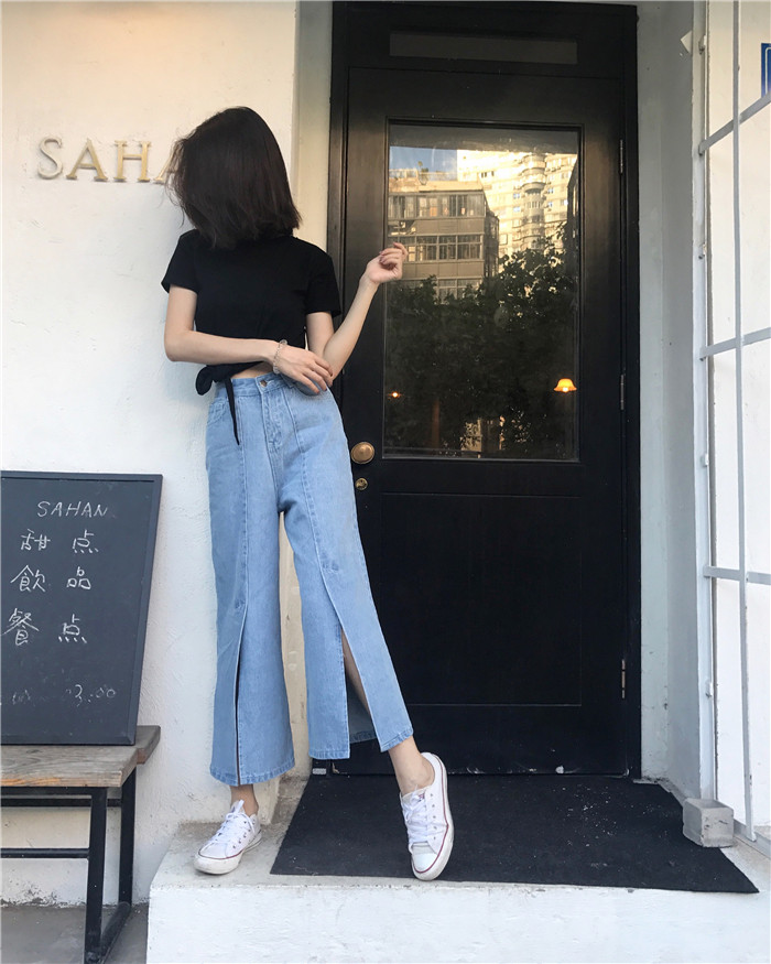 VK旗艦店 韓系開叉牛仔褲學生寬松九分寬口單品長褲