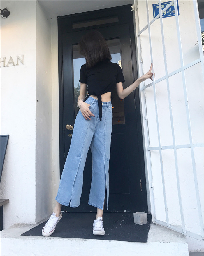 VK旗艦店 韓系開叉牛仔褲學生寬松九分寬口單品長褲
