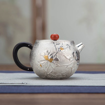 Silver pot sterling silver 999 tea pot frosted flat mouth sterling silver tea set hand hammer plum blossom a silver pot