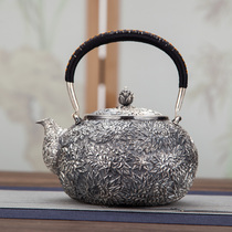 Silver pot sterling silver 999 kettle pure handmade Yunnan silver pot tea ceremony household retro sting engraving hundred flowers Zhengyan silver pot