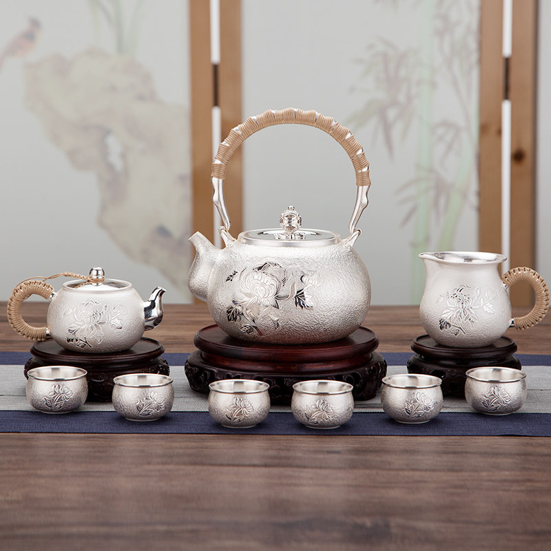Pure hand silver kettle large capacity silver teapot household with a pure silver 999 kettle rich peony silver kettle