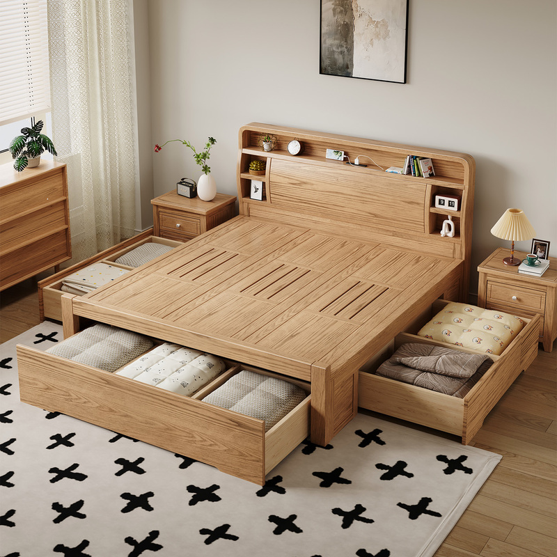 Ash Wood Bed, Natural Wood Style Solid Wood Bed, Simple Modern Double Bed, Master Bedroom Storage, Three Drawer Storage, Large Wedding Bed Ash Wood Bed, Natural Wood Style Solid Wood Bed, Simple Modern Double Bed, Master Bedroom Storage, Three Drawer Storage, Large Wedding Bed