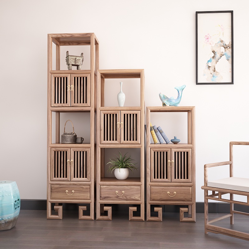 New Chinese Cabinet Zen Solid Wood Combined Shelve Old Elm Wood Bookcase Display Cabinet High And Low Cabinet Log Bogu Shelf-Taobao