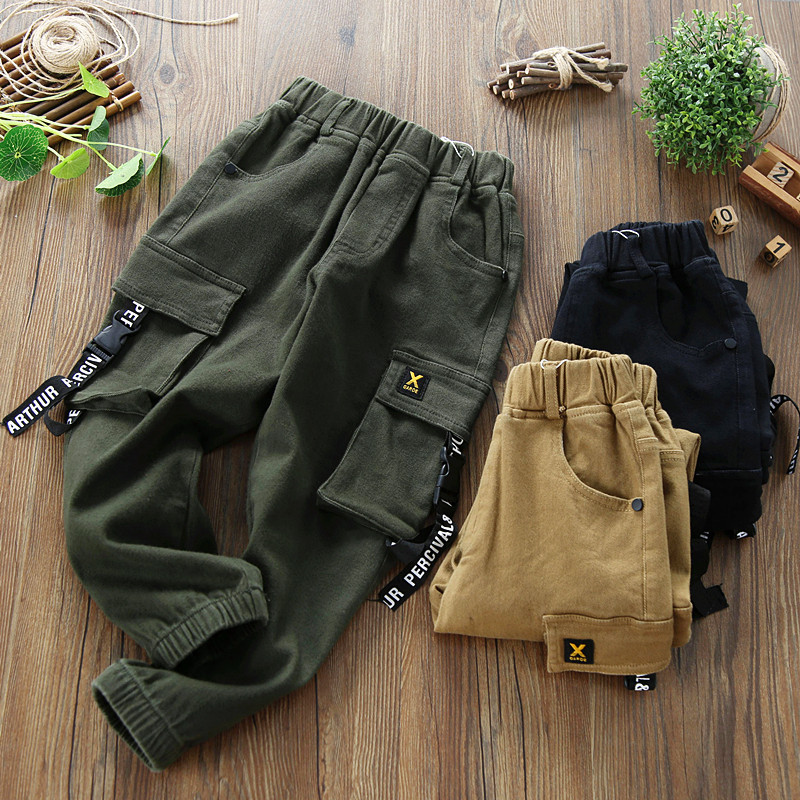 Boys spring and autumn casual pants 2020 new children's cotton hanging belt multi-pocket overalls large children's pants pants