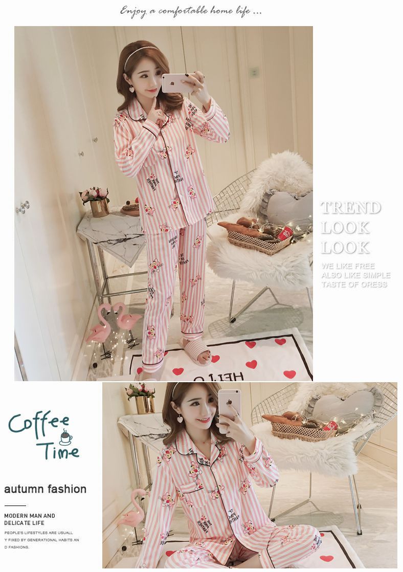 Đồ ngủ nữ mùa thu và mùa đông cotton dài tay Bộ đồ ngủ cardigan mùa xuân và mùa thu có thể mặc dễ thương tươi phù hợp với dịch vụ nhà bộ pijama
