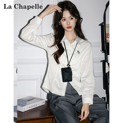 La Chapelle Preppy Style White Polo Collar Long-Sleeve Shirt for Women with Embroidered Design, Slim Fit Top