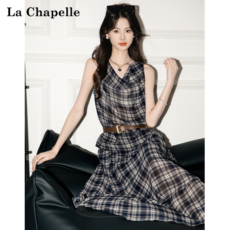 La Chapelle Korean-Style Plaid Camisole Top Set for Women 2026 Summer New High-Waisted Skirt Three-Piece Set