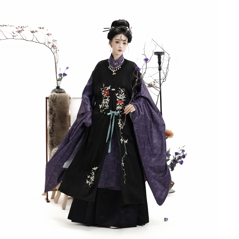 Tanshange Wanshan Tea Original Ming-Style Restored Hanfu Spring, Autumn, and Winter Women's Round-Neck Shoulder-Covering Long Embroidered Suit