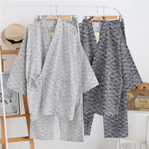 Spring and autumn day style pyjamas mens retro Han kimono cotton linen suit pure cotton double layer gauze Japan big code sweat steaming suit