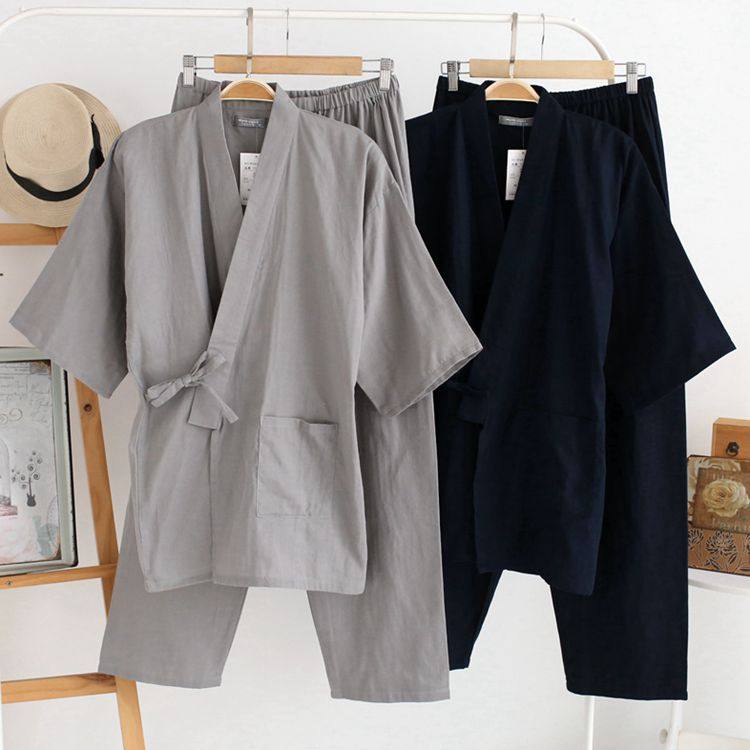 Spring and autumn pure cotton Japanese kimono pajamas men's Japanese style lace sweat steaming clothes thin section Jinping homewear suit