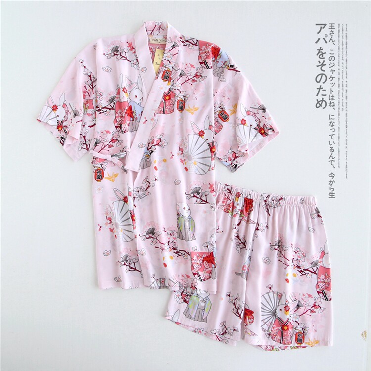 Ladies summer rayon two-piece kimono cotton silk short-sleeved shorts Japanese kimono pajamas thin home clothes sweat steam