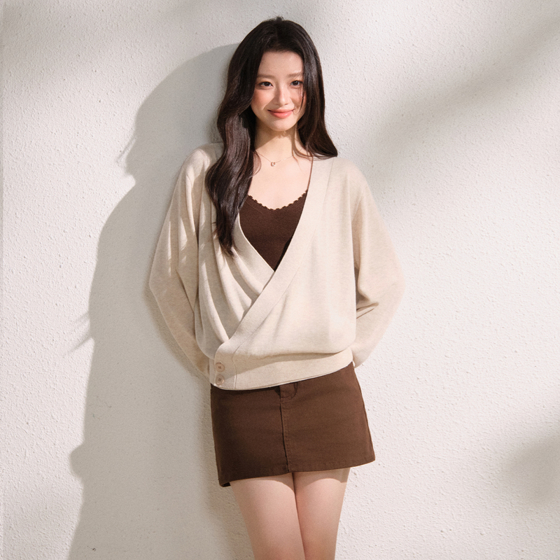 Bubbleley Apricot Cross Sweater Knit Cardigan Skirt Suspender Old Money Style Loose Pants Top Brown Bubbleley Apricot Cross Sweater Knit Cardigan Skirt Suspender Old Money Style Loose Pants Top Brown