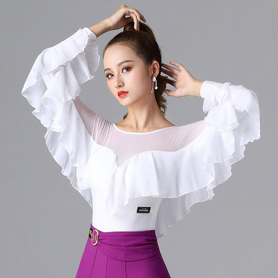 Ballroom latin dance bodysuits for women Modern dance training dress female national standard dance long sleeve dance dress lotus leaf one piece white Waltz top