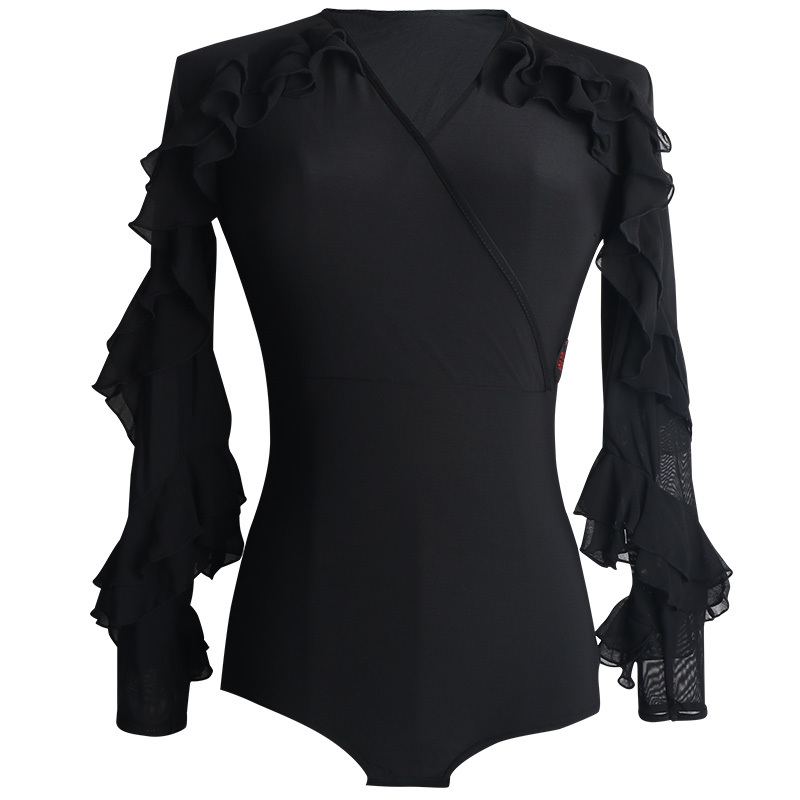 Ballroom latin dance bodysuits for women Dance Top Black modern dance training suit Vneck dance
