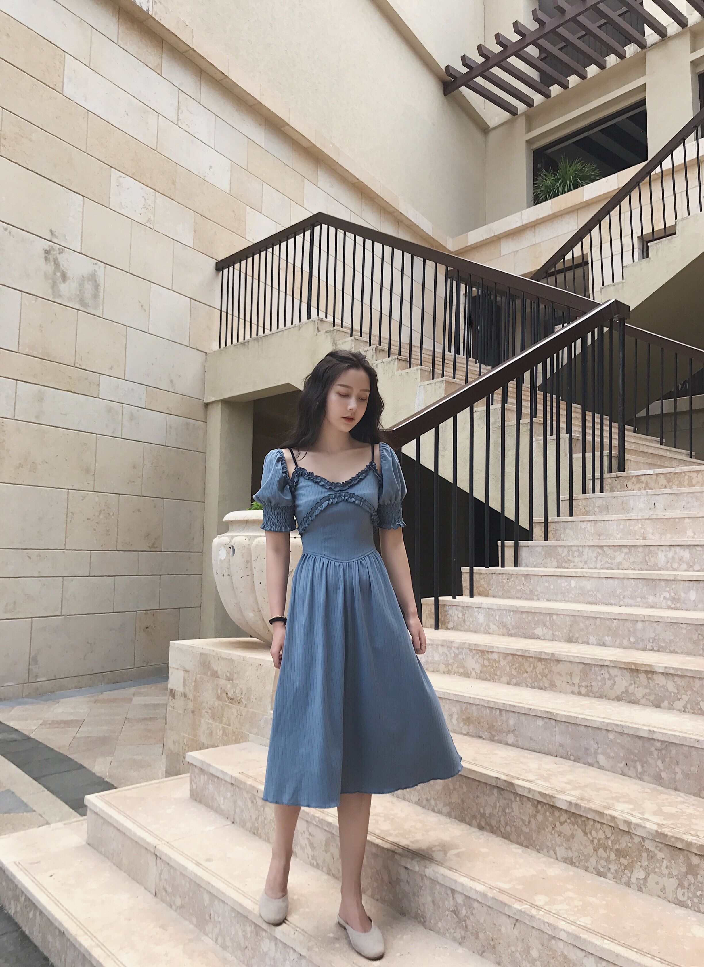 Đào có thể PEACHCOLA xem indigo Độc quyền ban đầu tòa án gió nhung dây đeo Knit dress