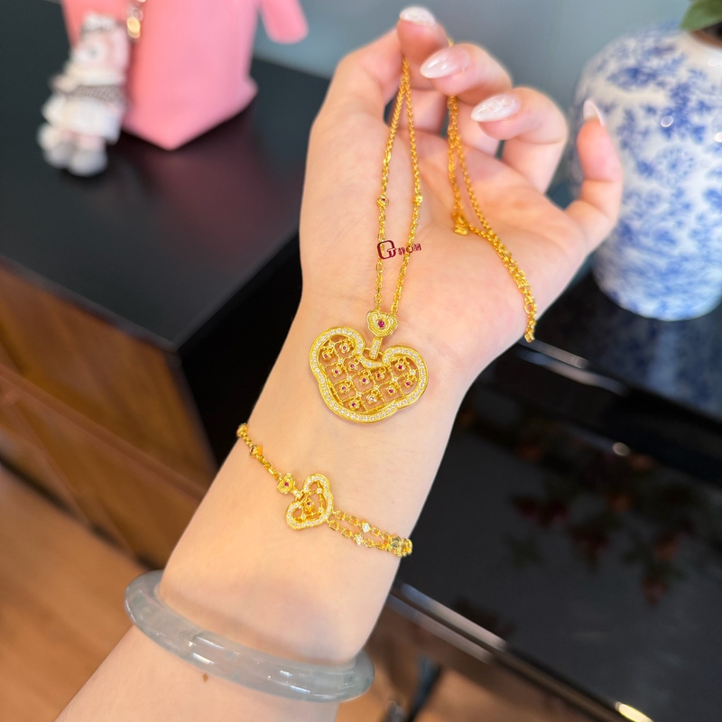 Jingxin Pavilion Jewelry【Ruyi】Original Design Ancient Method Pure Gold Inlaid with Diamonds and Ruby Gold Necklace and Bracelet