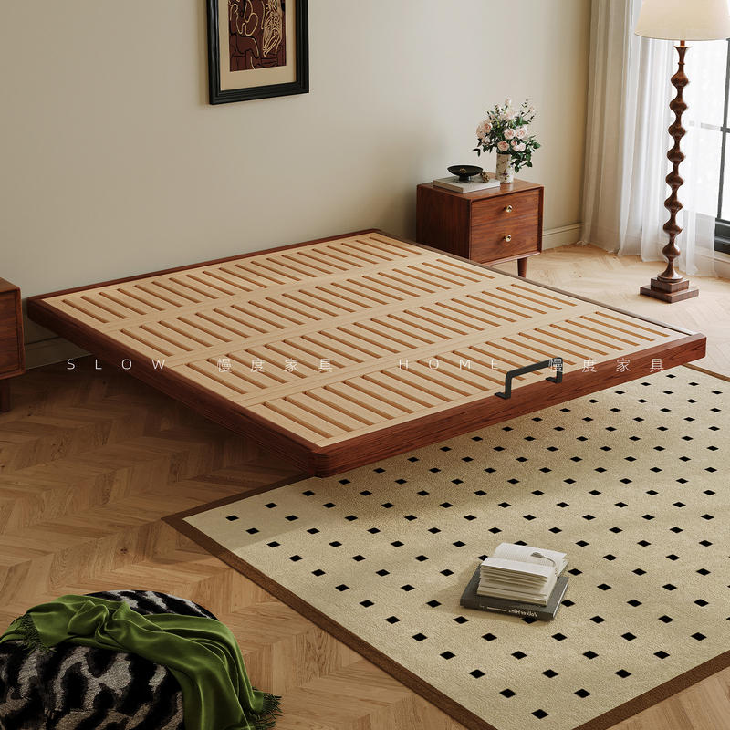 Walnut Solid Wood Bed 1.8m No Headboard Floating Bed Beech Slatted Frame Bed Master Bedroom Flush Bed Frame Natural Wood Bed