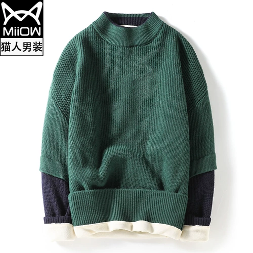 Зеленый утепленный зимний трендовый удерживающий тепло свитер, высокий воротник, коллекция 2021, в корейском стиле