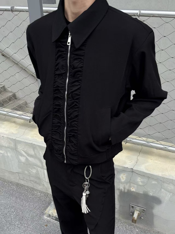 Sky White/High-End Niche Pleated Texture Lace Short Lapel Jacket for Men Cleanfit Silhouette Coat