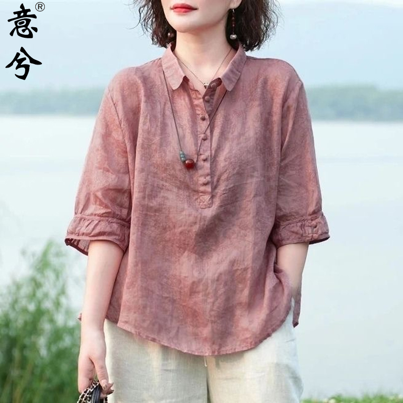 Fashionable Mid-Sleeve Shirt for Women 2026 Summer Turn-Down Collar T-Shirt Middle-Aged Mom Chinese Style Loose Tencel Cotton Linen Top